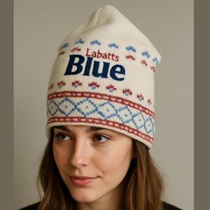 Vintage LABATT’S BLUE Gordini toque 100% wool beanie hat cream blue red small